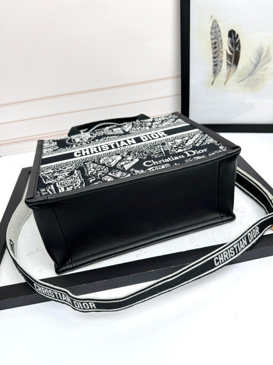 Small Dior Book Tote Bag Black and White Plan de Paris Embroidery with Black Calfskin